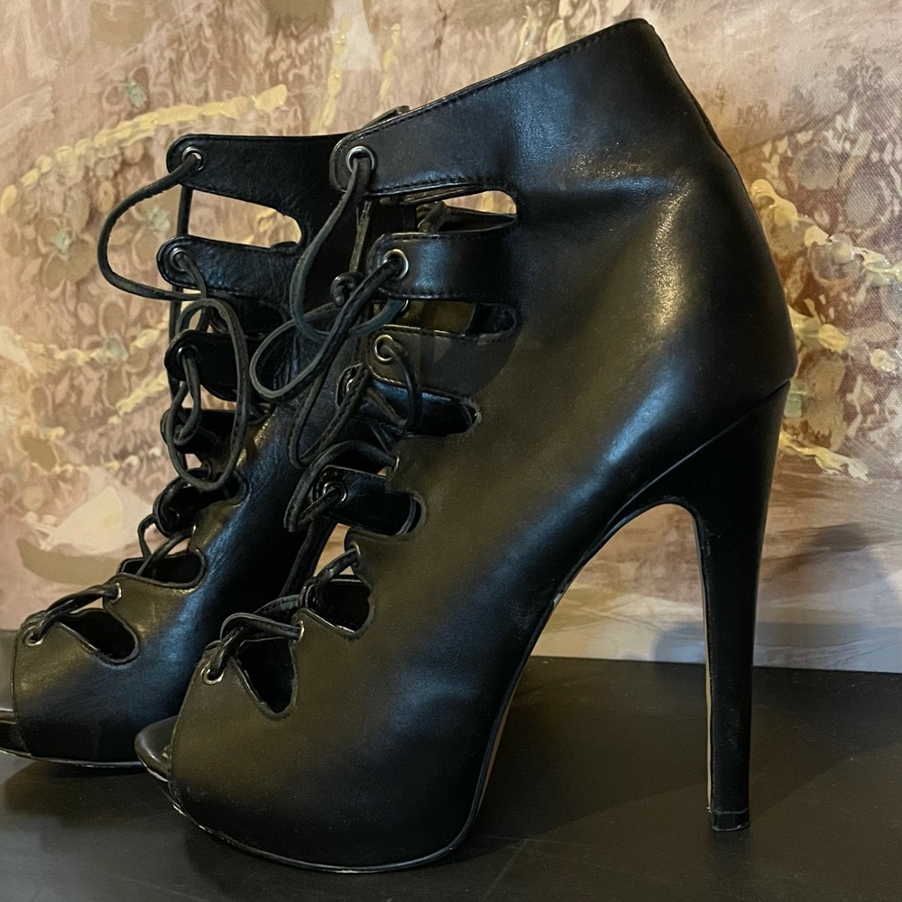 Black leather lace booties